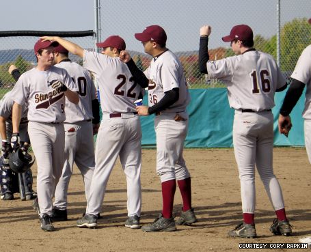Don’t you wish the snow would melt so you could watch the Stingers play ball? In this shot, taken at the Nationals last year, Marco Masciotra (22), Ryan Tasciyan (36) and Alex Lusk (16) congratulate Andrew D’Iorio. 